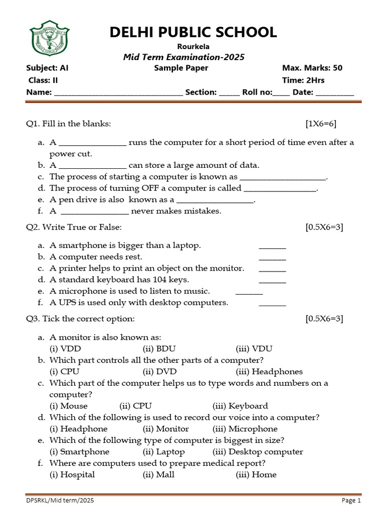 AI Mid Term Exam Sample Paper Class II | PDF | Laptop | Computer Monitor