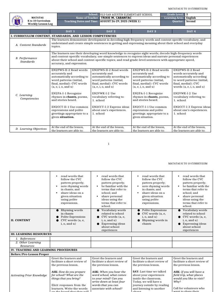 K-10 English Weekly Lesson Plan | PDF | Learning | Classroom