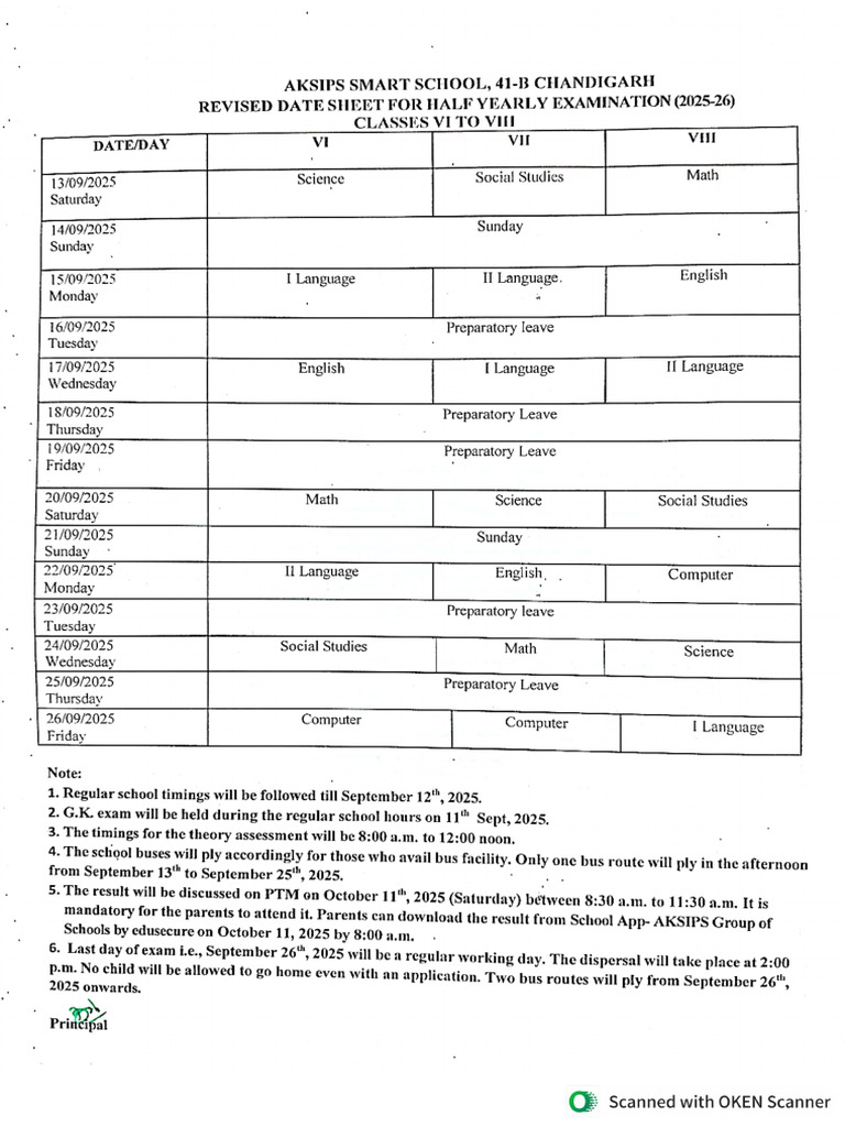 Revised Date Sheet For Half Yearly Examination | PDF