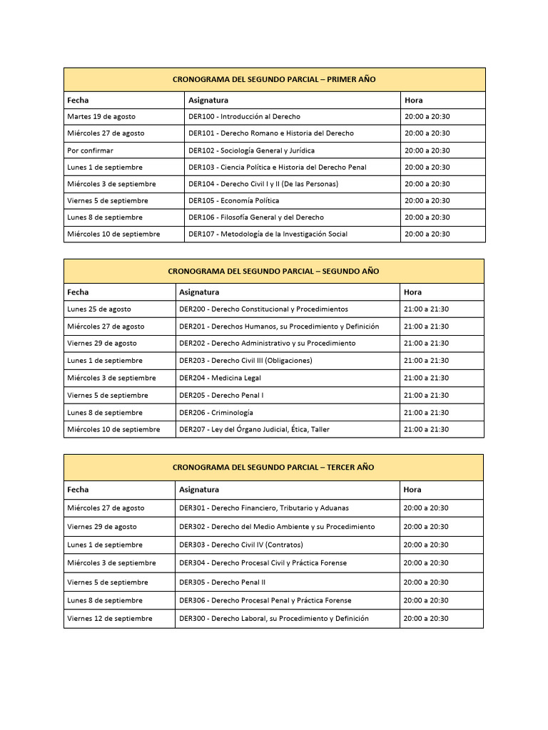 Cronograma Segundo Parcial Derecho 2023 | PDF | Justicia | Crimen y ...