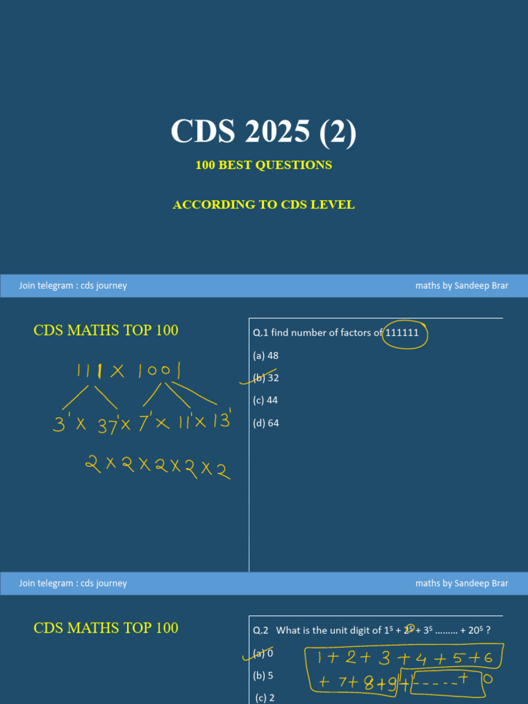 CDS 2025: Top 100 Maths Questions | PDF | Elementary Mathematics ...