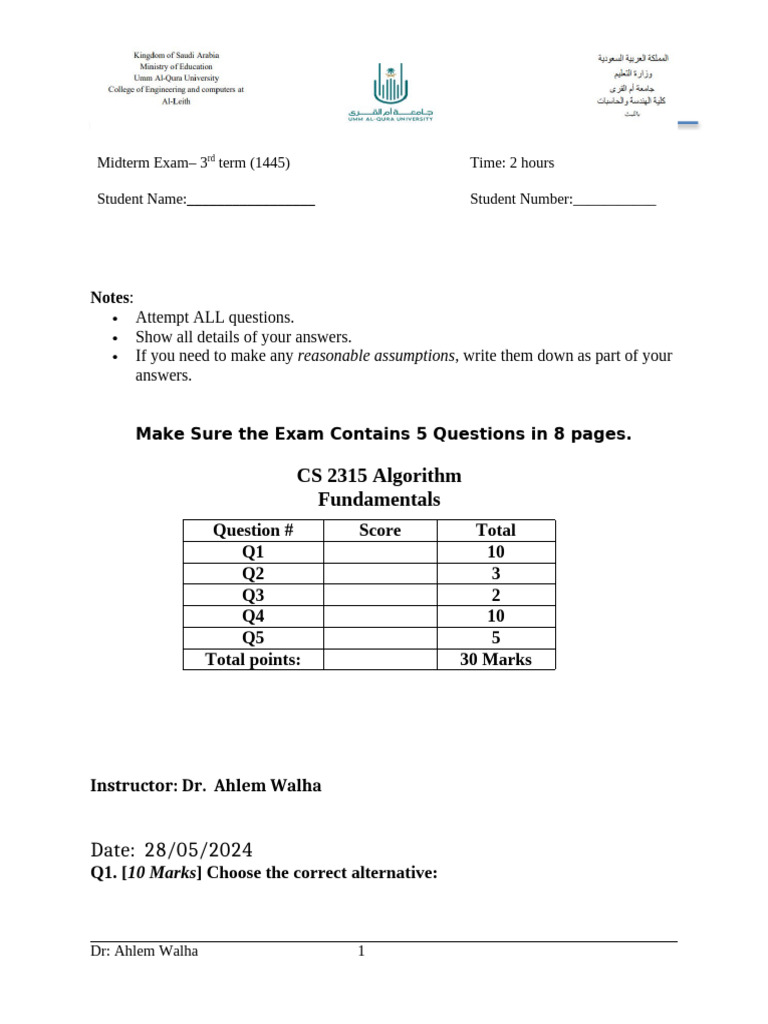 3rd Term Midterm Exam - CS 2315 | PDF | String (Computer Science ...