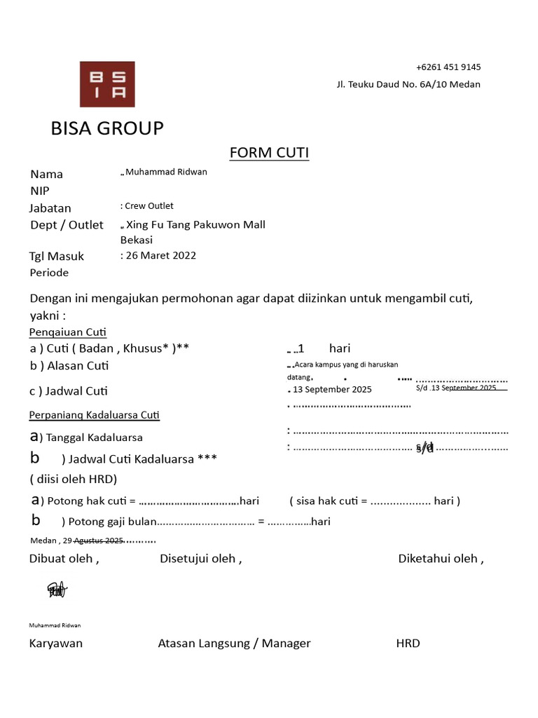 Formulir Permohonan Cuti Karyawan | PDF