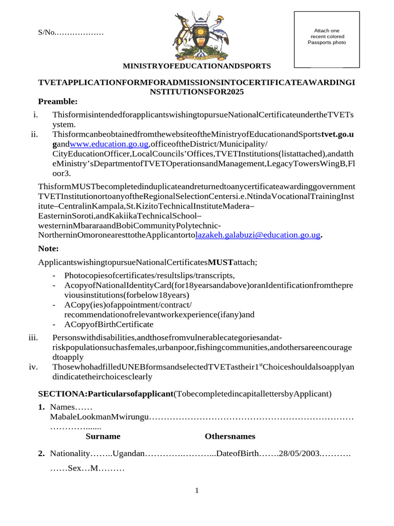 TVET Admissions Application Form 2025 | PDF | Chess Theory | Chess