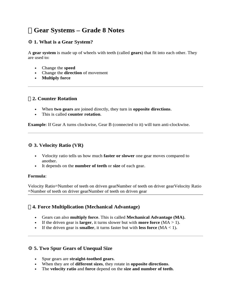 Gear Systems - Grade 8 Notes: 1. What Is A Gear System? | PDF