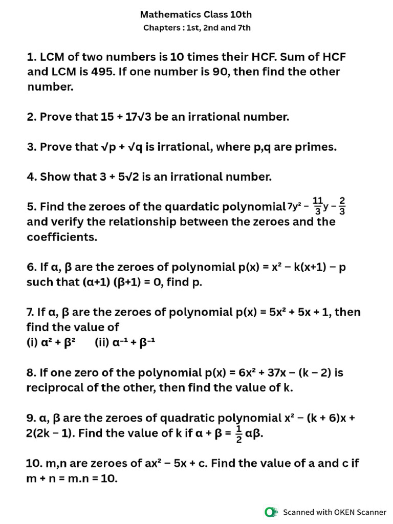 Maths Assignment 10th | PDF