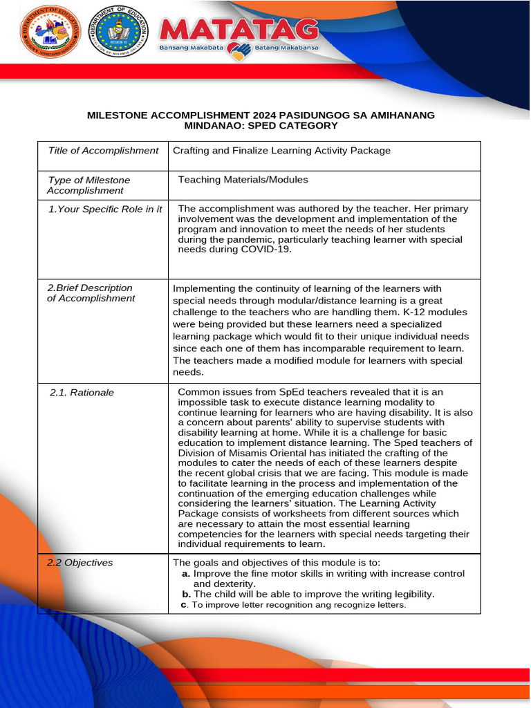 Milestone Accomplishment Module | PDF | Learning | Cognition
