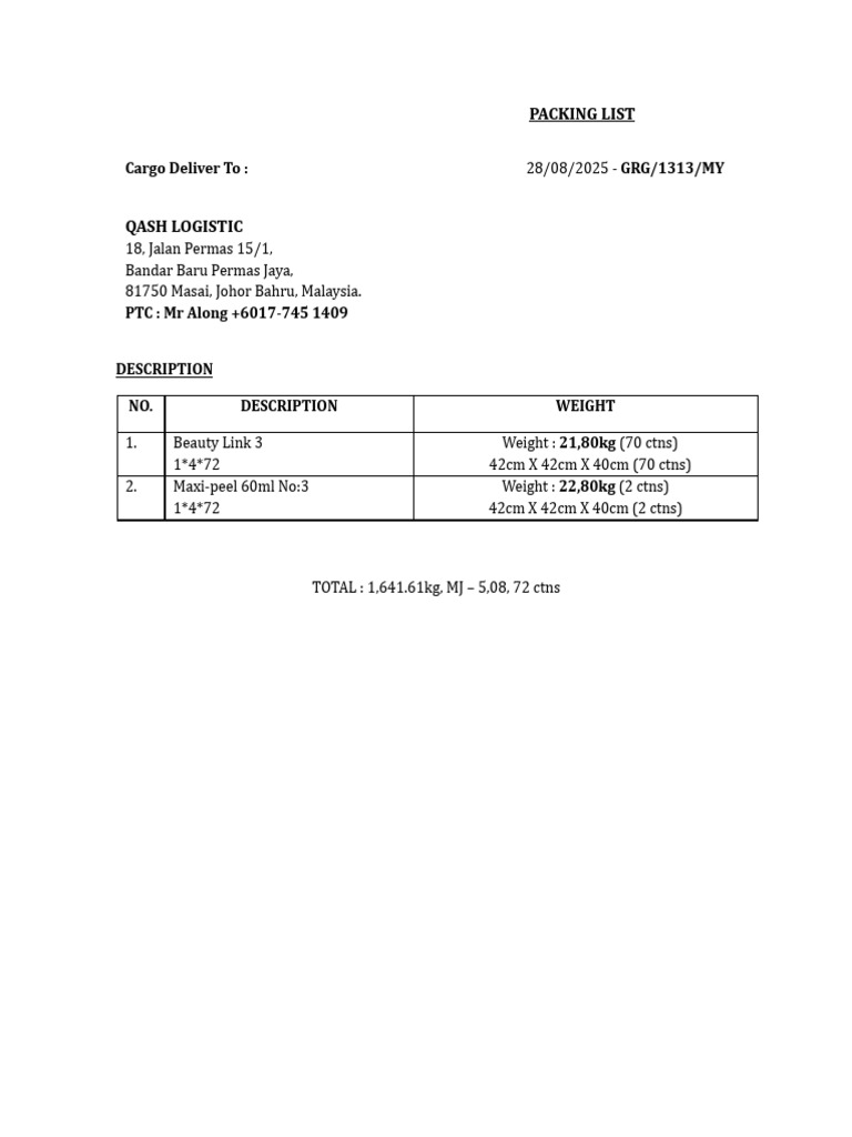 Cargo Packing List for Shipment | PDF