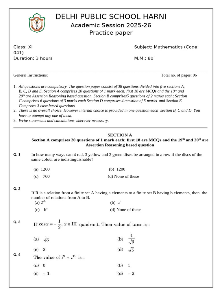 Class XI Mathematics Practice Paper 2025-26 | PDF | Function ...