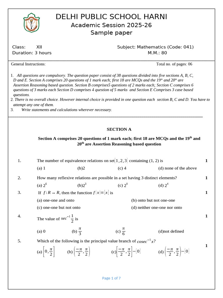 Sample Paper 2526XII Till AOI | PDF | Multiple Choice | Mathematics