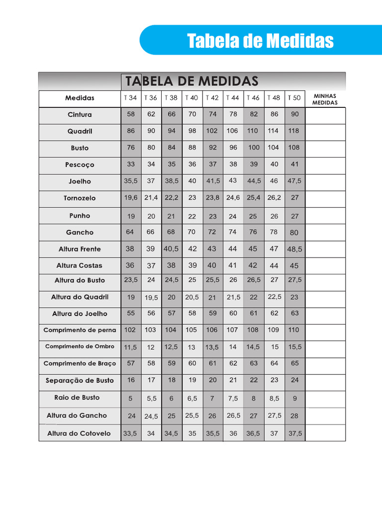 Tabela de Medidas de Roupas | PDF