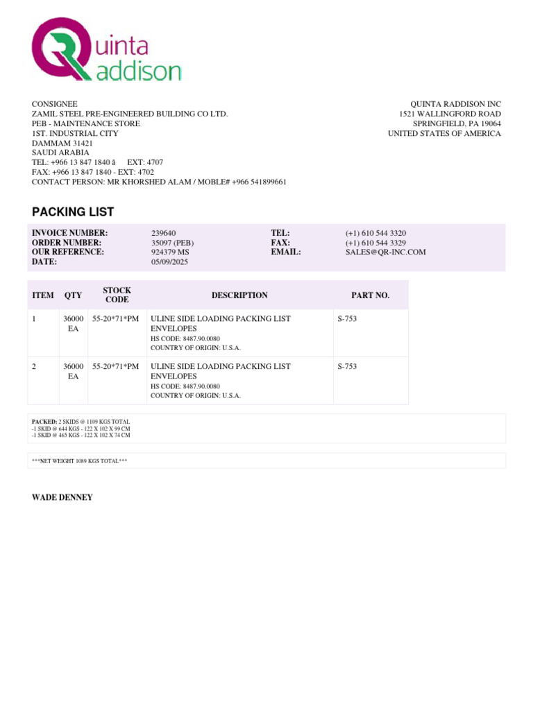 Revised Packing List for Order 35097 | PDF