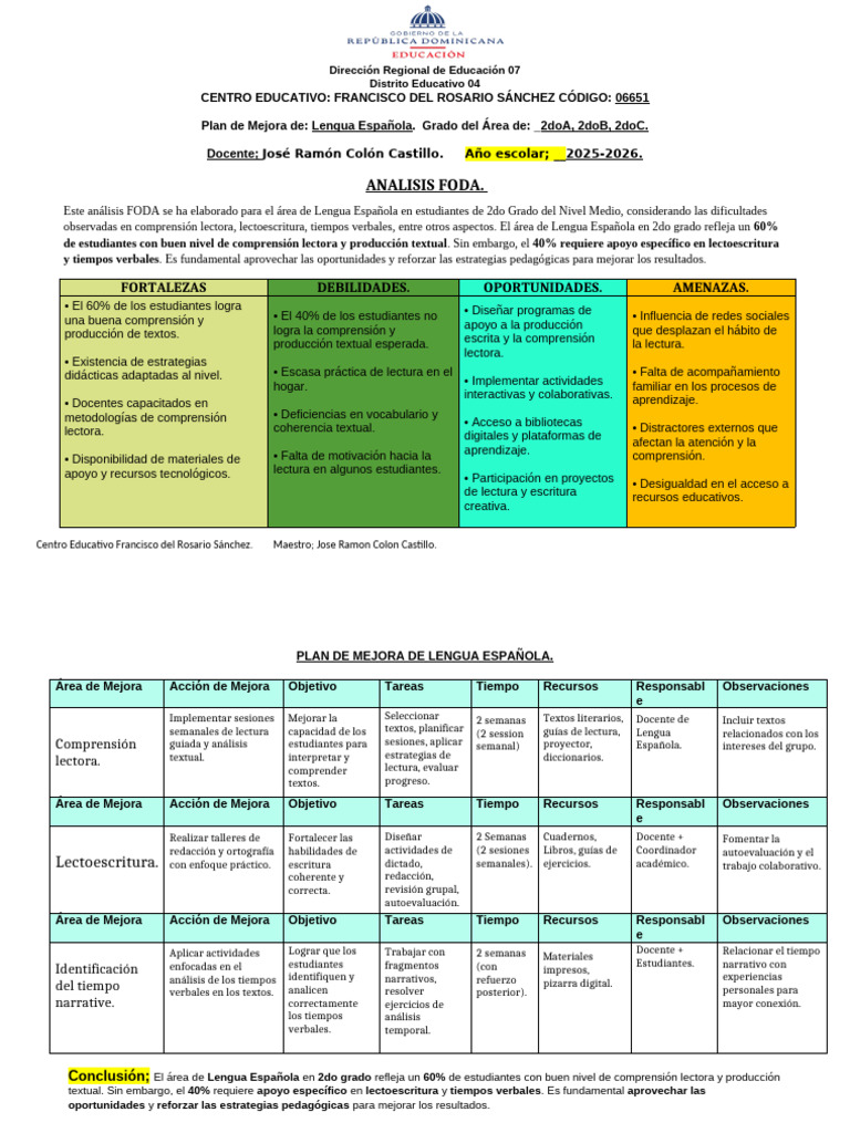 Plan de Mejora en Lengua Española 2do y 4to Grado | PDF | Comprensión ...