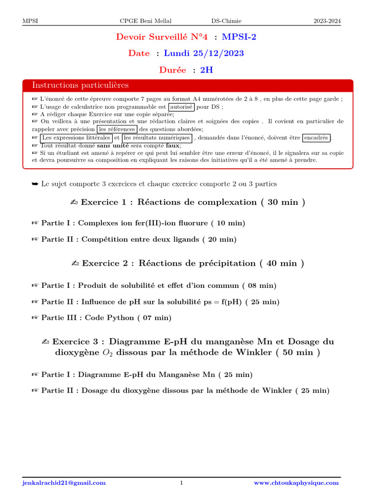 Devoir Surveillé MPSI 2023-2024 Chimie | PDF | Manganèse | Précipité