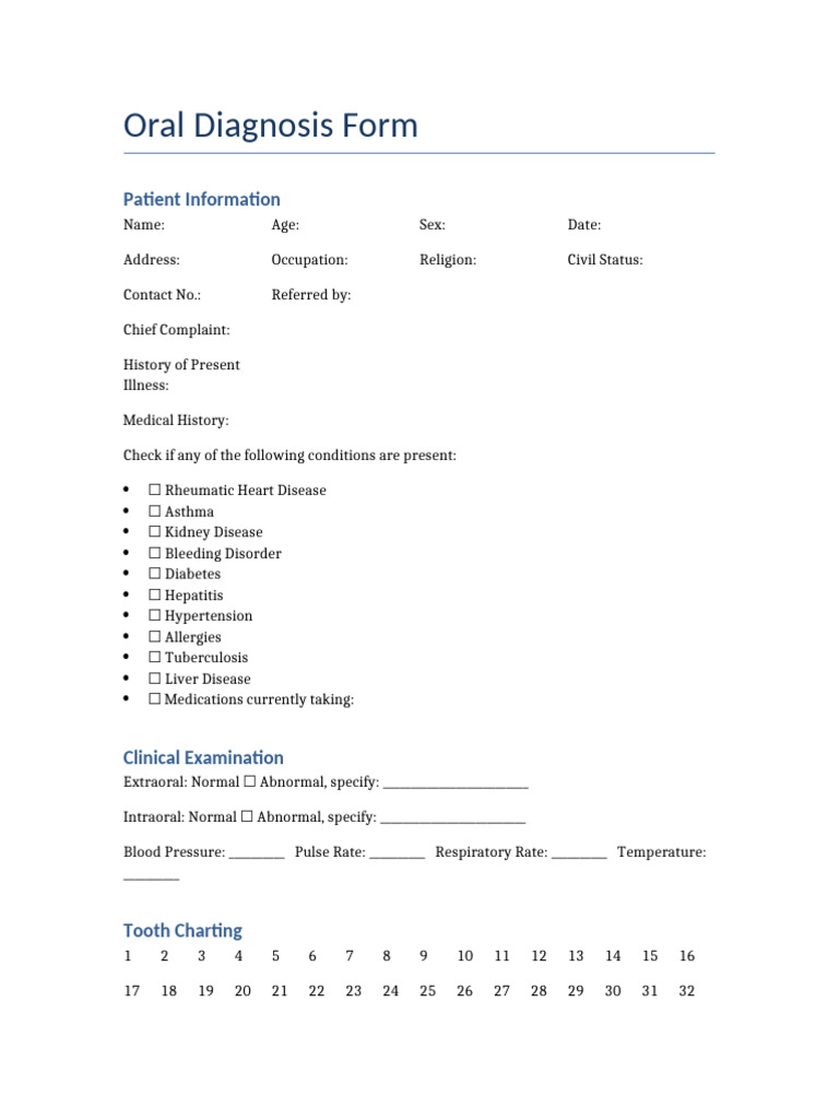 Editable Oral Diagnosis Form | PDF