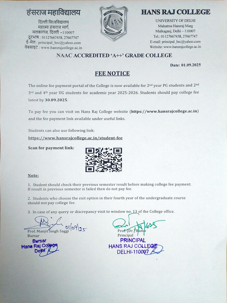 Hans Raj College Fee Payment Notice | PDF | Higher Education ...