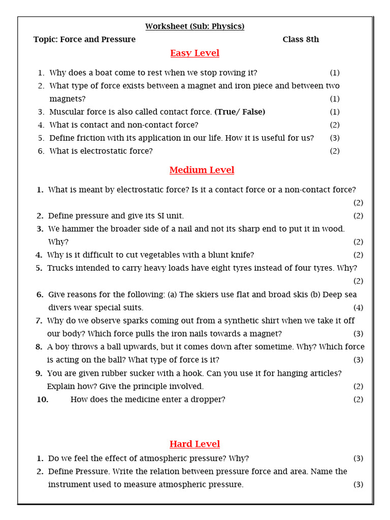 Class 8 Force and Pressure Worksheet | PDF | Force | Pressure