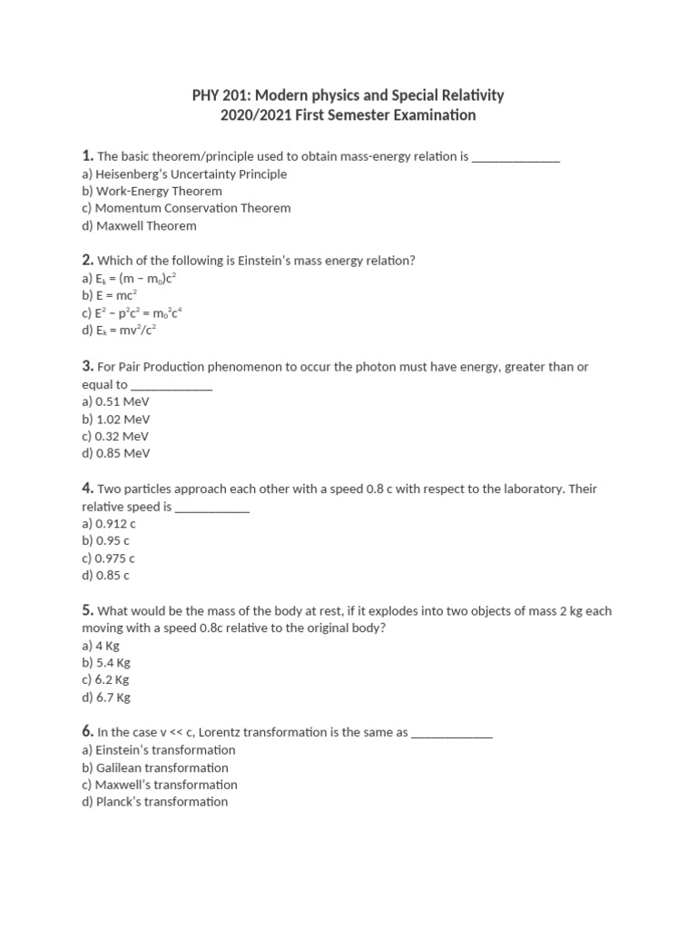Modern Physics Exam: Special Relativity | PDF | Electronvolt | Physical ...
