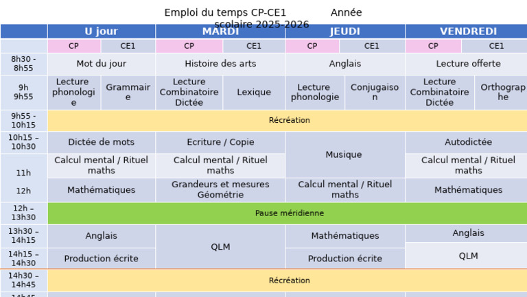Emploi du temps CP-CE1 2025-2026 | PDF | Mathématiques | la communication