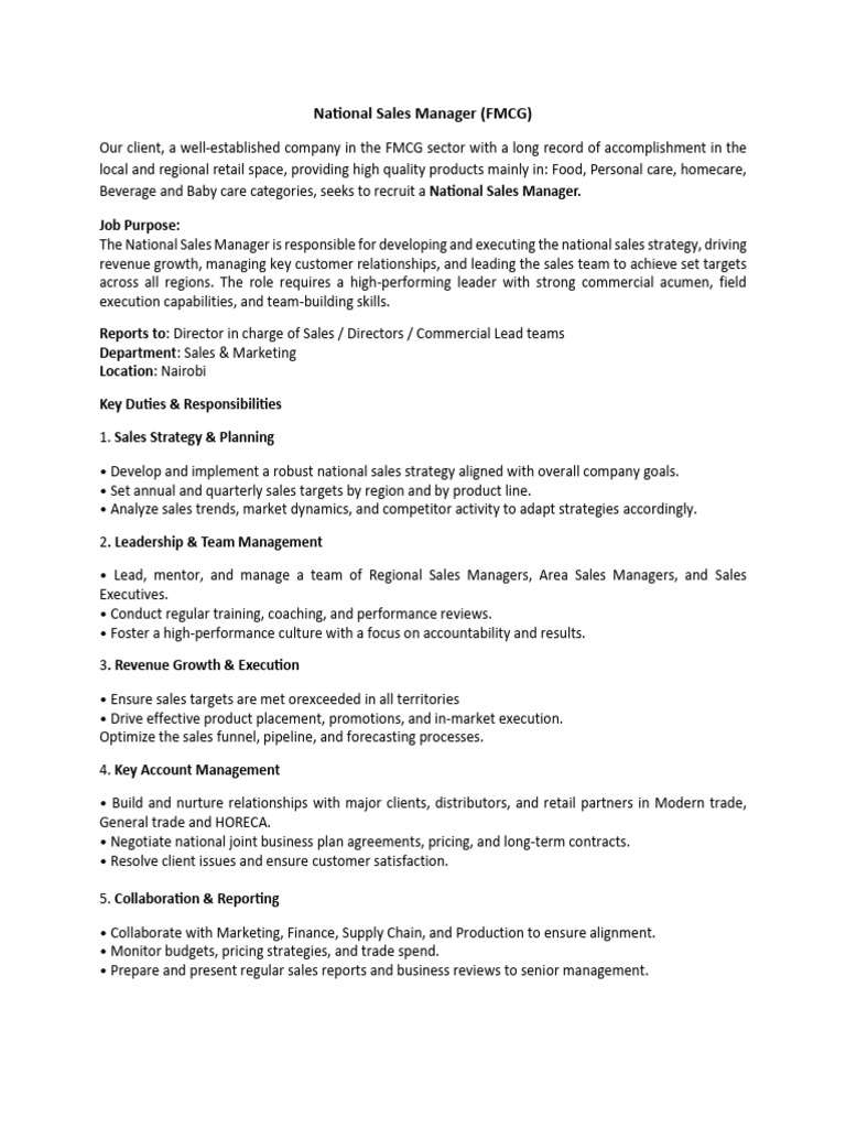 National Sales Manager Job in FMCG | PDF | Sales | Marketing