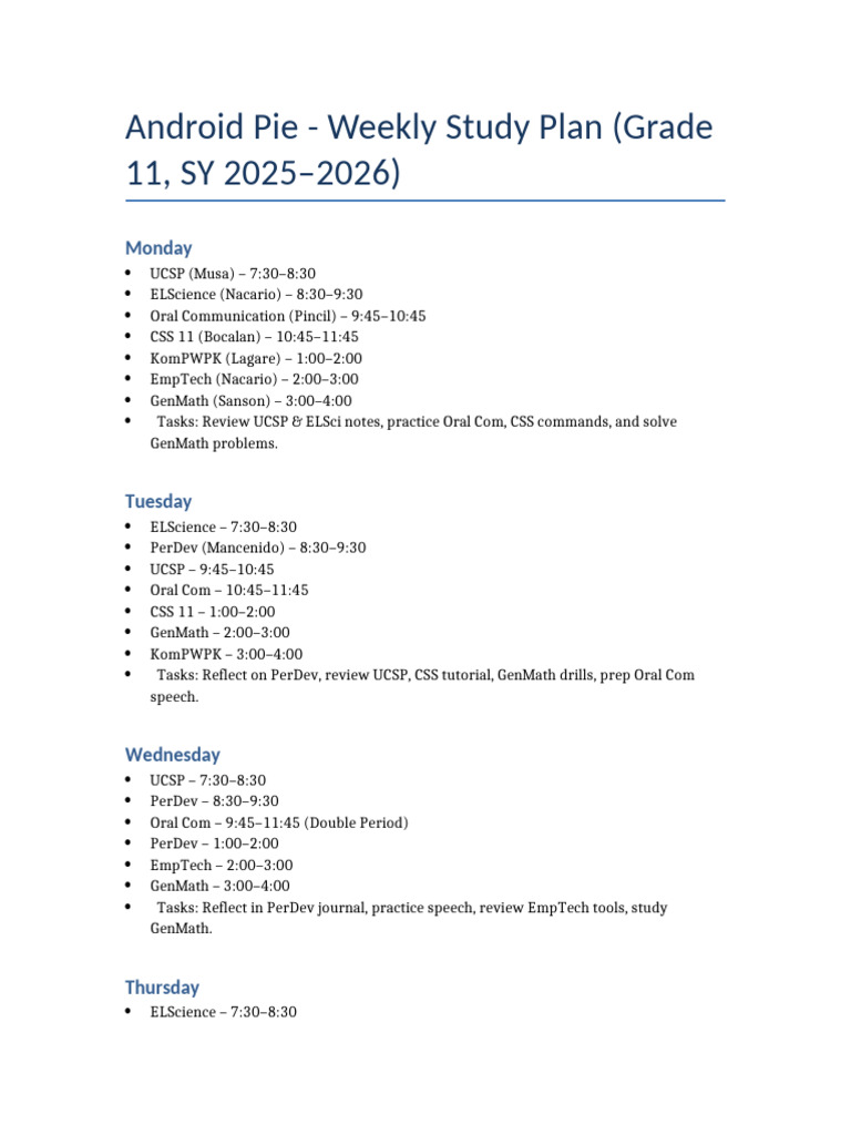 Android Pie Weekly Study Plan | PDF