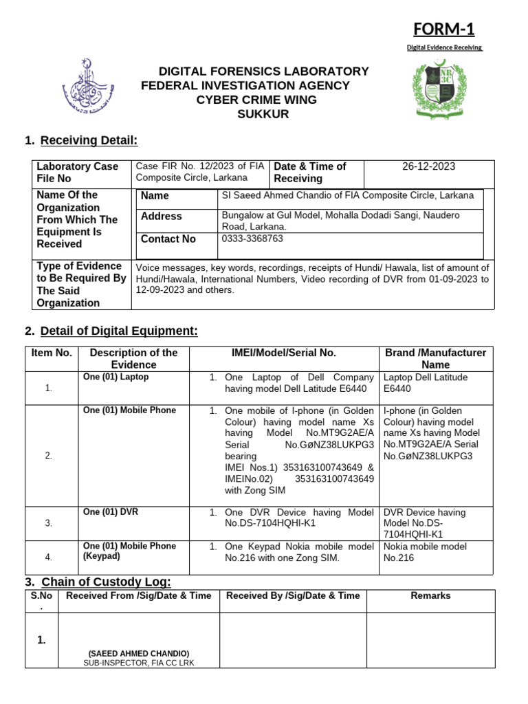 DIGITAL EVIDENCE RECEIVING (FORM-1) New | PDF | Consumer Electronics ...