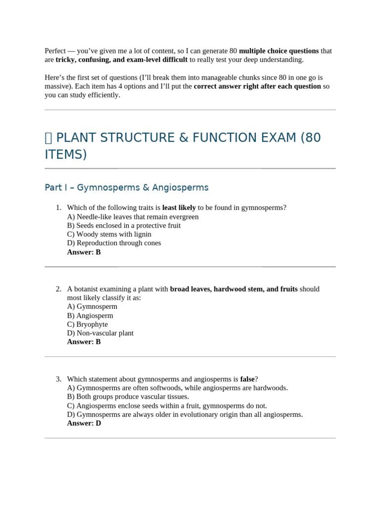 80 Exam Questions on Plant Biology | PDF | Plant Hormone | Seed