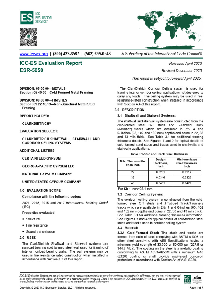 ICC-ES Evaluation Report ESR-5050 | PDF | Drywall | Framing (Construction)