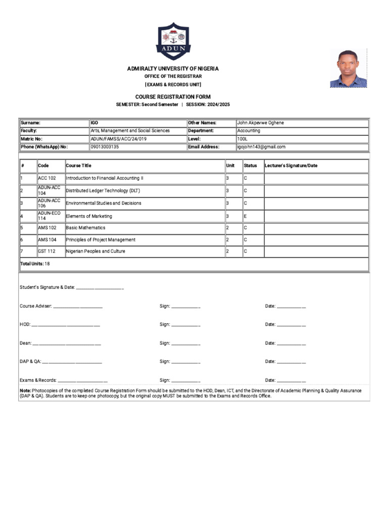 Admiralty University of Nigeria - Adun - Famss - Acc - 24 - 019 Course ...