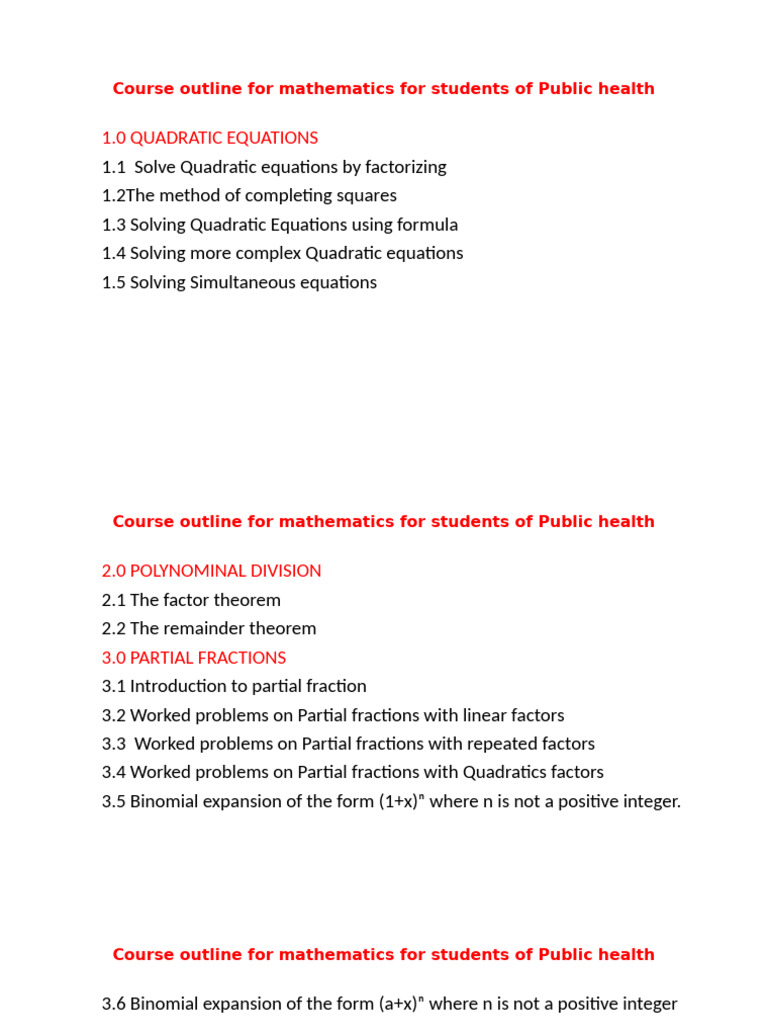 Mathematics Course Outline for Public Health | PDF | Polynomial | Equations