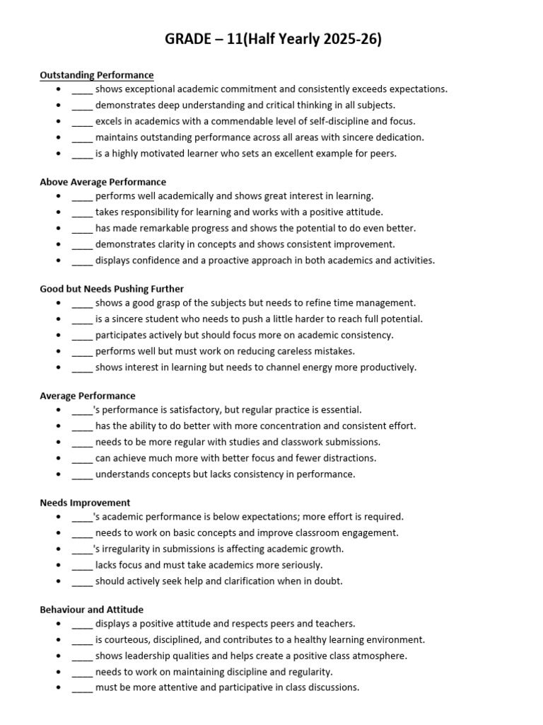 Remarks For Grade 11th (HY-2025-26) | PDF | Classroom | Learning