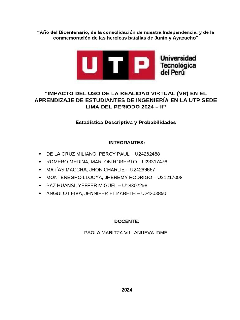 Impacto de la Realidad Virtual en Estudiantes UTP | PDF | Realidad ...