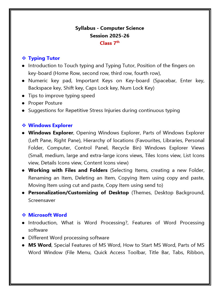 Class 7 Computer Science Syllabus 2025-26 | PDF | Computer Data Storage ...