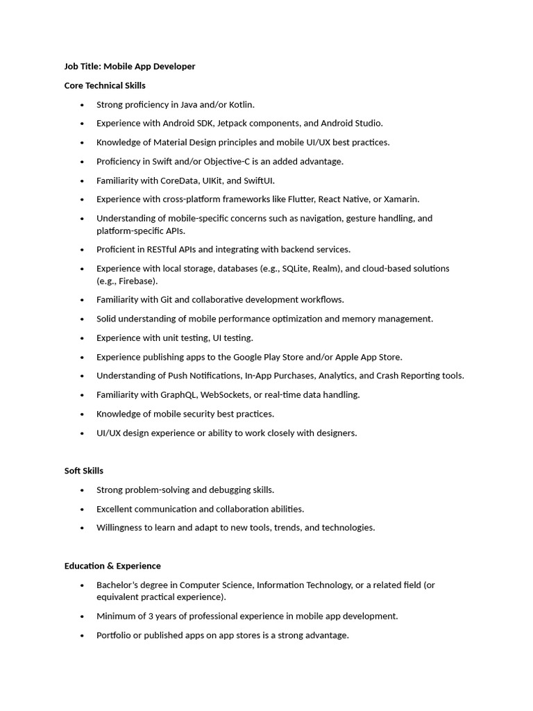 Mobile App Developer Job Description | PDF
