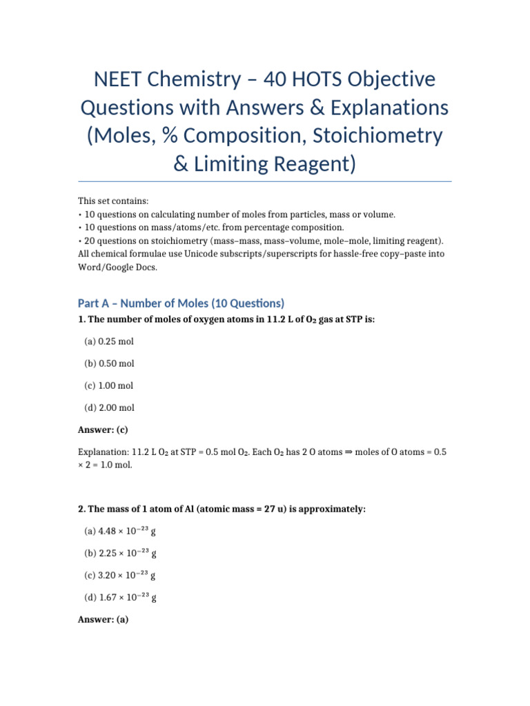 NEET Chemistry: 40 HOTS Questions & Answers | PDF | Mole (Unit ...