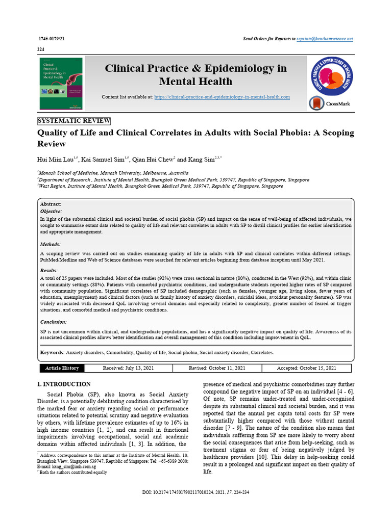 Quality of Life in Adults with Social Phobia | PDF | Mental Disorder ...