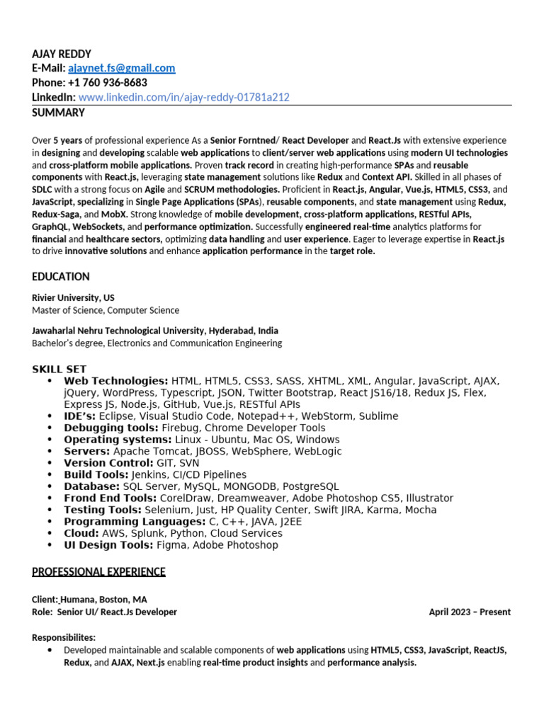 Senior React Developer Resume | PDF | Angular Js | Java Script
