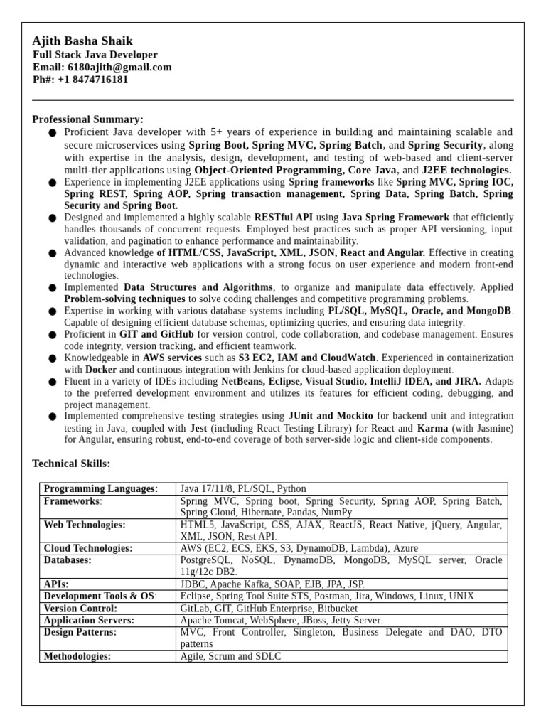 Full Stack Java Developer Resume | PDF | Spring Framework | Databases