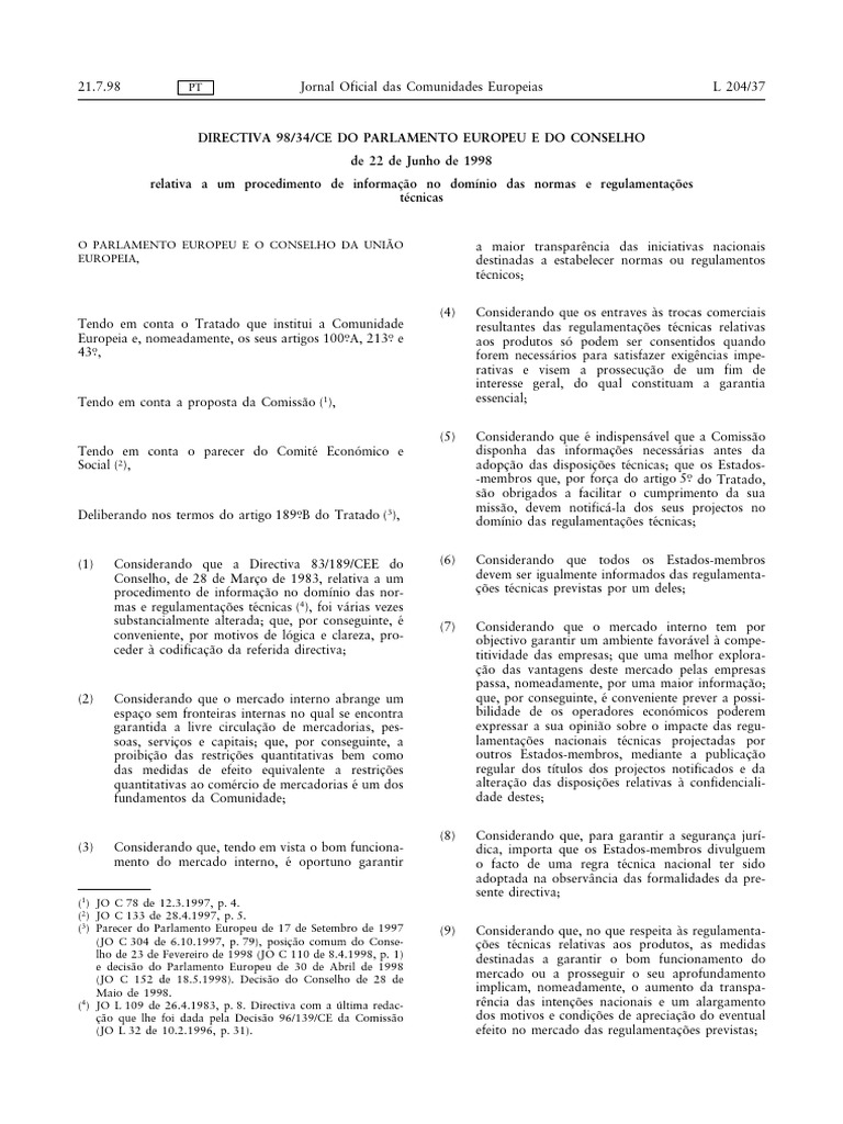 Directiva 98/34/CE sobre Normas Técnicas | PDF | União Europeia | Tratado