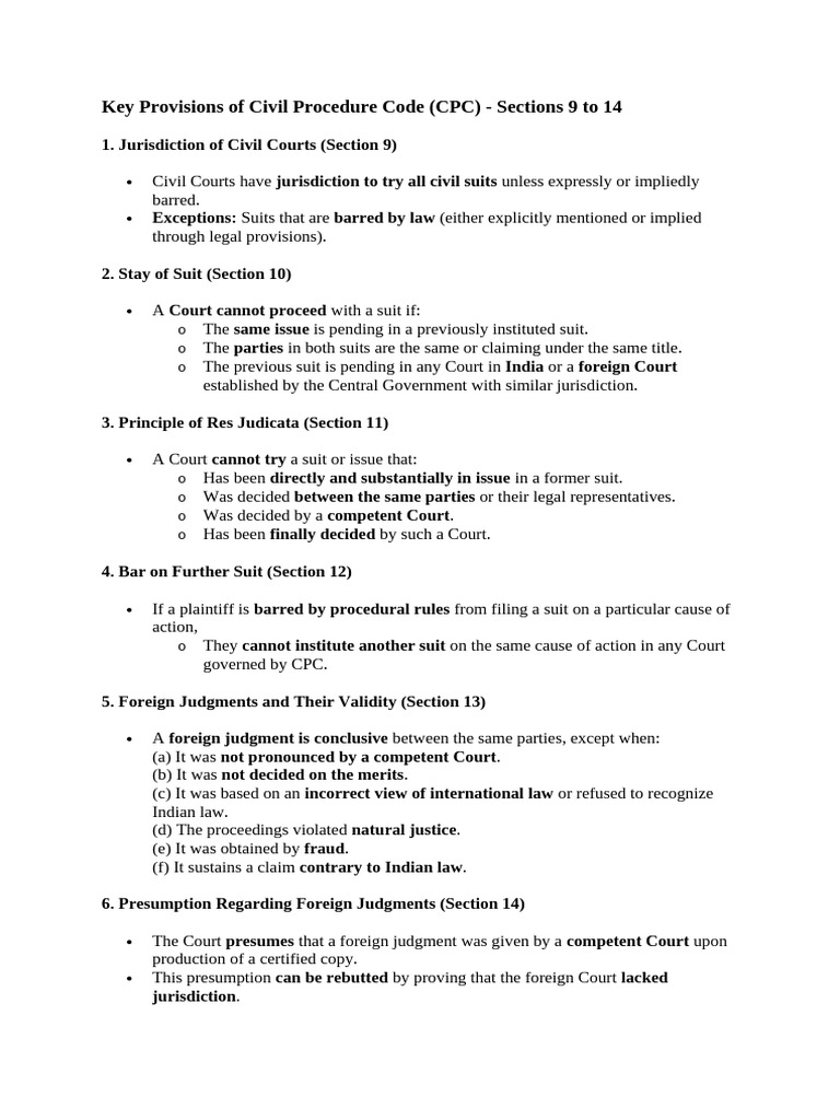 Civil Procedure Code Key Sections 9-14 | PDF | Lawsuit | Jurisdiction