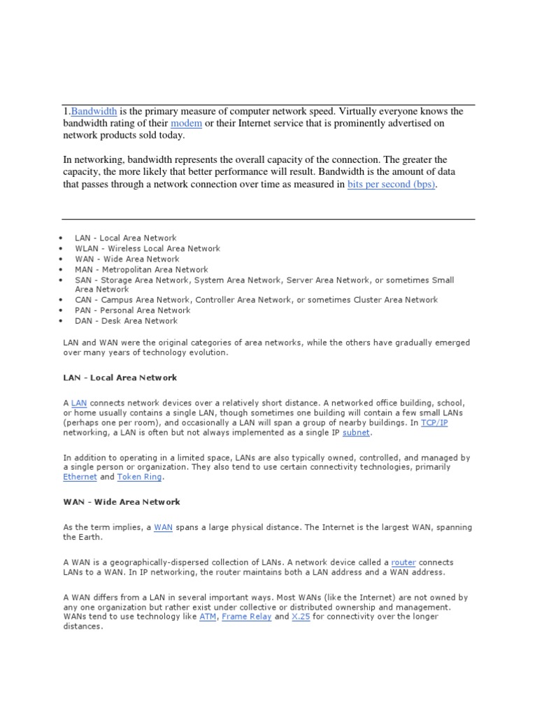 Bandwidth Modem LAN Local Area Network PDF Network Topology