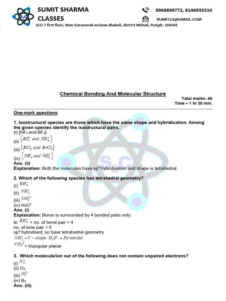Chemical Bonding Exam Questions and Answers | PDF | Chemical Bond ...