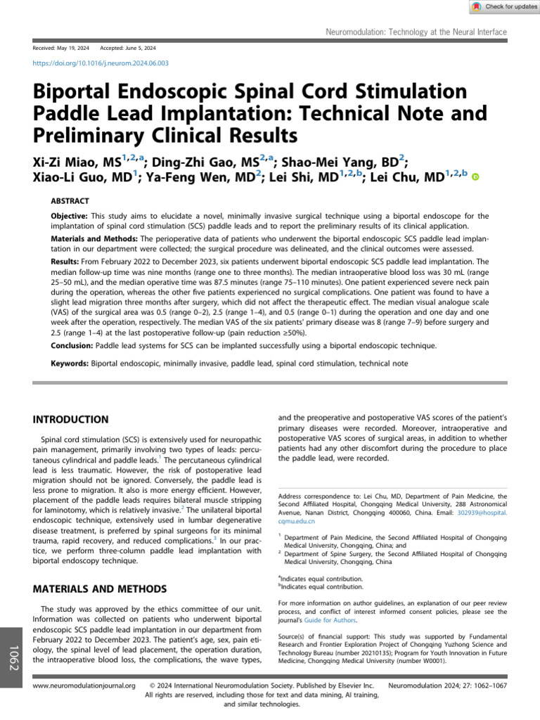 Biportal Endoscopic SCS Paddle Lead Implantation | PDF | Surgery | Medicine