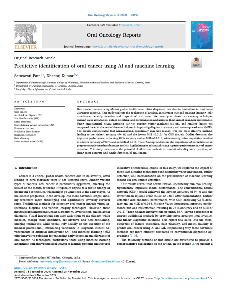AI and ML for Early Oral Cancer Detection | PDF | Machine Learning ...