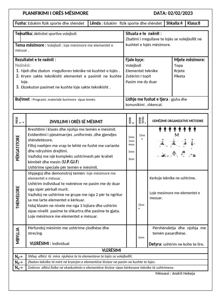 Volejboll Loje Mësimorë Me Elementët e Mësuar . | PDF