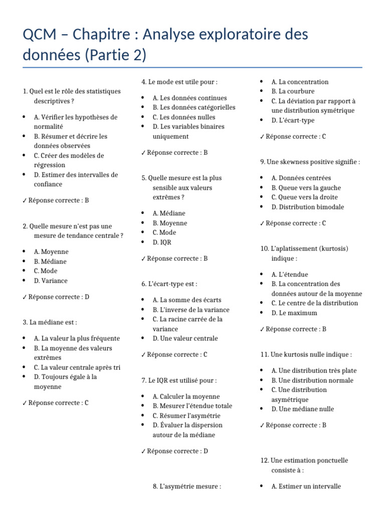 QCM sur l'analyse exploratoire des données | PDF | Écart type | Moyenne