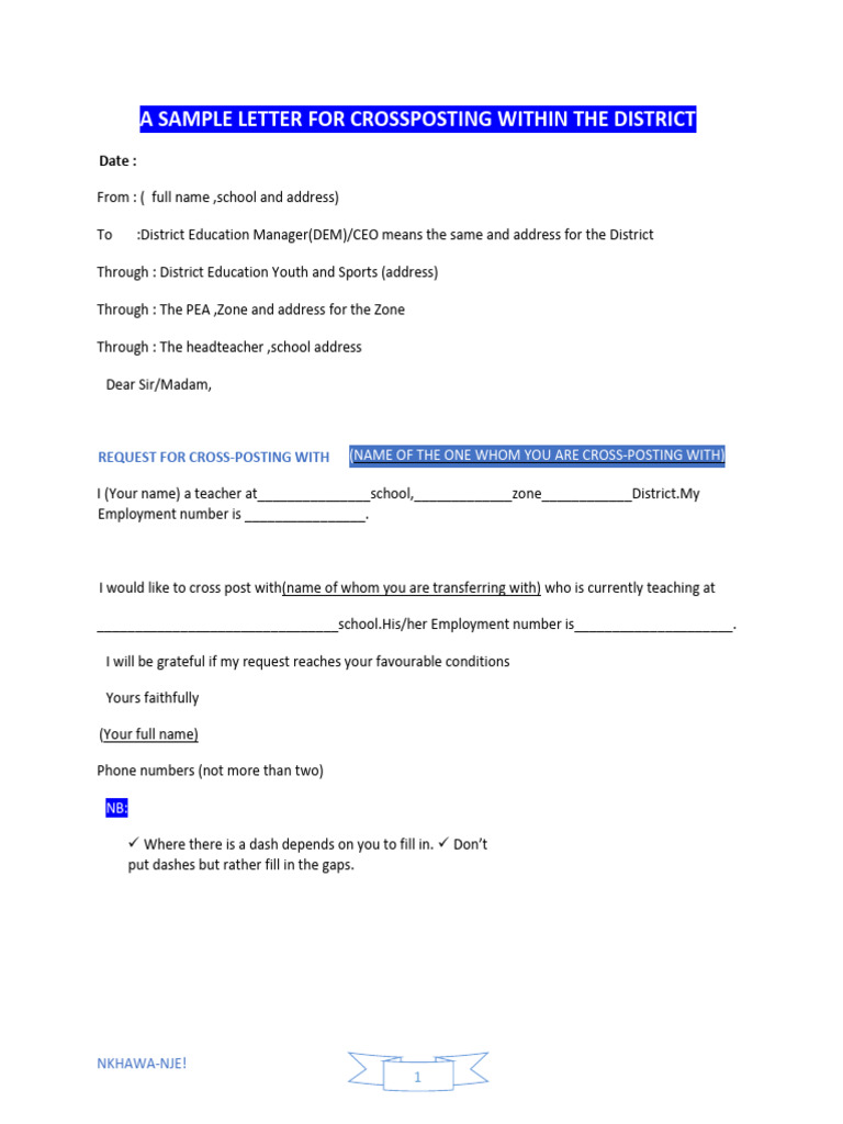 Sample Letter For Crossposting Within The District | PDF