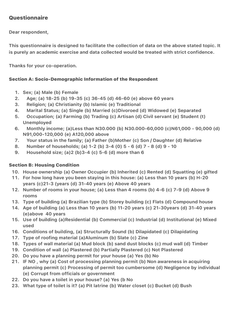 Housing Condition Questionnaire Survey | PDF | Toilet | Building ...