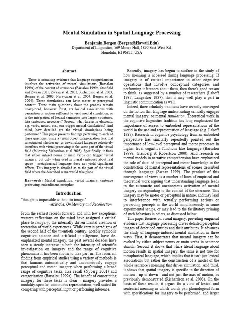 Mental Simulation in Spatial Language Processing | PDF | Perception ...