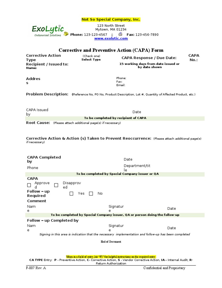 CAPA Form Template for Quality Management | PDF | Finance & Money ...